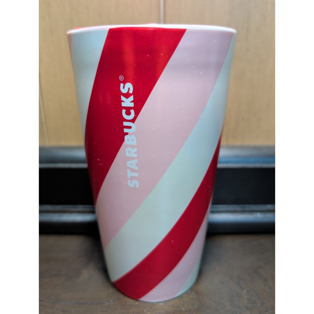 Starbucks Ceramic Travel Tumbler 12oz Holiday 2022 Candy Cane Striped